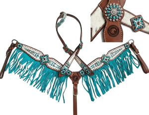 Pechera de cuero occidental personalizada y arnés de cuero a juego con flecos. Cabezada y pechera de cuero occidental premium. - Product Image 1