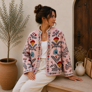 Veste en coton matelassée faite à la main pour femmes, broderie florale, style décontracté bohème, manteau léger à manches longues, style vintage, Bohobi BOHO19 - Product Image 4
