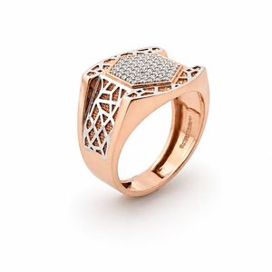 <b>Mens</b> 18KT Rose Gold Hexagon Micro Pave Cubic Zirconia Signet <b>Ring</b> Geometric Cutout Statement Band Wedding Party Gift Jewelry - Product Image 2