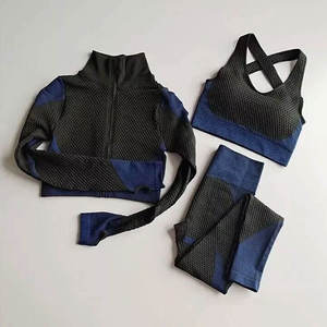 Black 3 Piece Yoga Set Turtleneck <b>Crop</b> <b>Top</b> Crisscross Bra High Waist Leggings Breathable <b>Mesh</b> Seamless Full Length - Product Image 3