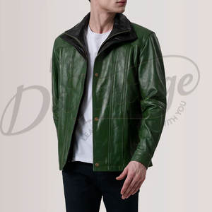 Veste en cuir vert émeraude pour homme avec col intérieur contrastant noir, en véritable peau de mouton, coupe ajustée, automne-hiver, style moto - Product Image 6