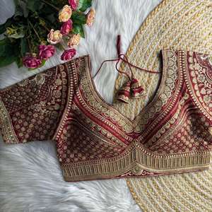 Sabyasachi Inspired Luxury Traditional Short Slim Fit Bridal Blouse Heavy Gold Zari Sequin Work Hand Embroidered Woven Roman - Product Image 1