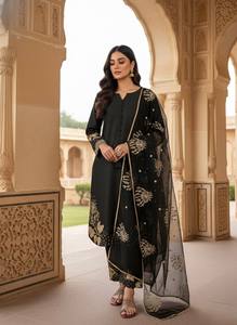 Elegante Conjunto de Kurta y Palazzo de Crepé Natural con Mangas con Borlas y Dupatta de Organza - Product Image 6