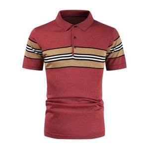 Men's Striped Short Sleeve <b>Polo</b> Shirt Knitted Casual Regular Fit Red with Beige and <b>White</b> Stripes - Product Image 1