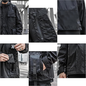 Men Black <b>Hooded</b> Hard <b>Shell</b> <b>Jacket</b> Waterproof Zip Fly Oversized Fit With Pockets All Seasons Outdoor Wear - Product Image 4