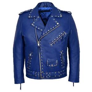 Blouson en cuir PU bleu unisexe, style motard, respirant, avec fermeture éclair, logo personnalisé, col en V, style streetwear, doublure en coton, pour l'automne - Product Image 1