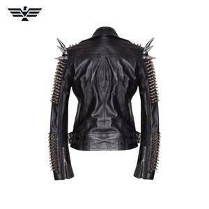 Chaqueta estilo punk para hombre con remaches y pinchos, corte ajustado, cuello alto, cierre de cremallera, impermeable, para otoño - Product Image 3