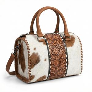 Brown Color Hand <b>Tooling</b> Florals Carved With Brown & White Hair On Hide Fur Genuine <b>Leather</b> Mini Speedy Duffle Bag Shoulder Bags - Product Image 2