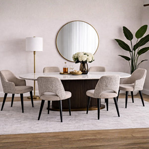 Modern Minimalist <b>Dining</b> <b>Table</b> Set with 6 Upholstered Chairs Marble <b>Top</b> Midcentury Design for Home Furniture - Product Image 1