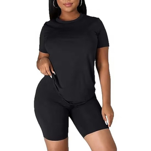 Women's 2 Piece Black Biker Shorts <b>Set</b> Casual Short Sleeve Crew Neck Solid Color <b>Knitted</b> Cotton Breathable 180g Summer Wear - Product Image 4