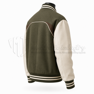 Chaqueta Varsity Personalizada para Hombre en Verde Oliva con Mangas en Contraste y Botones a Presión, Estilo Universitario, Fabricante OEM - Product Image 4