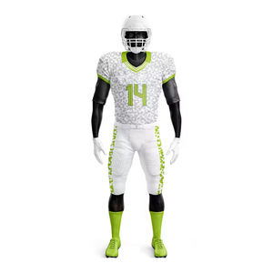 Tenues de football américain personnalisées sublimées pour hommes, ensemble maillot et pantalon bleu à col en V, manches courtes, anti-humidité, ajusté - Product Image 6