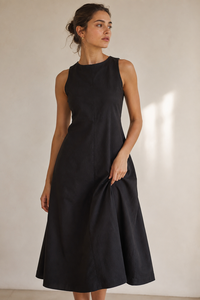 Vestido de Verano Elegante, Negro, Sin Mangas, a Media Pantorrilla, Recto, Informal, de Algodón Satinado, con Estampado a Mano, Transpirable - Product Image 3