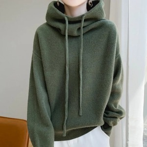 เสื้อสเวตเตอร์ไหมพรมมีฮู้ดทรงโอเวอร์ไซส์ สีพื้น เรียบง่าย แขนยาว ใส่ได้ทั้งชายและหญิง สำหรับฤดูใบไม้ร่วงและฤดูหนาว ผ้าไม่เป็นขุย - Product Image 3
