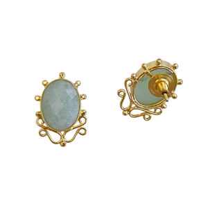 Boucles d'oreilles clous vintage plaquées or avec jade, serties d'ovales en alliage, bijoux fantaisie pour femme en amazonite - Product Image 3