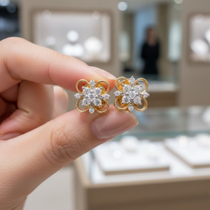 Pendientes de Racimo de Flores con Diamantes Naturales en Oro Amarillo de 14K |   Pendientes de tuerca de diseño floral con corte redondo para mujer, regalo de joyería fina - Product Image 2