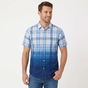 <b>Men's</b> Short Sleeve Plaid Gradient Color Formal Shirt Regular Fit Turn-down Collar Winter Woven Poplin 100% Cotton Eco-Friendly - Product Image 6