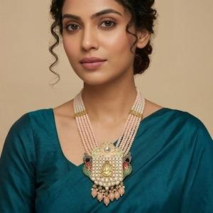 Collier pour femme DIVYORO en argent plaqué oxydé, style tribal multicouche, avec perles de pêche gaufrées GANESHA, longueur réglable - Product Image 4