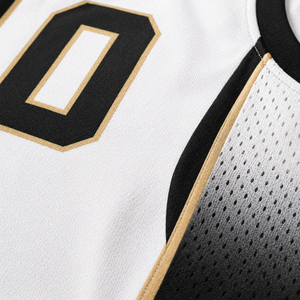 Ensemble de maillots de basket-ball unisexes personnalisés blanc, noir et or, uniforme d'équipe sublimé, 10 pièces, maille respirante anti-humidité avec cordon de serrage - Product Image 3