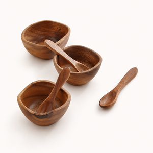 Ensemble de service à condiments en bois d'acacia fait main, bols à trempette écologiques en bois avec cuillères et plateau de service ovale à vendre - Product Image 2