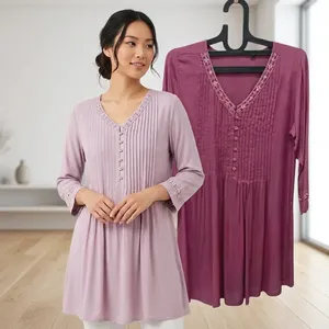 ชุดเดรสลำลองผ้าฝ้ายจีบสีพื้นคอวีแขนยาวสำหรับผู้หญิงสำหรับทุกฤดูกาล - Product Image 1