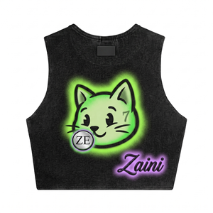 260 GSM Soft Cotton Rich Women Crop <b>Top</b> T Shirt Black Sleeveless Glow Cat Artwork DTG Print Custom Puff Print Embroidery Logo - Product Image 2