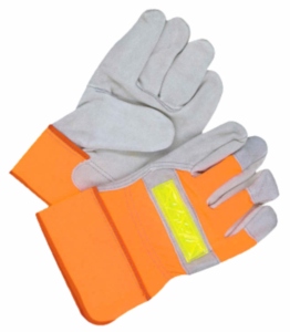 Gants de travail durables en cuir de vachette pleine fleur avec dos en coton fluorescent orange haute visibilité et bande réfléchissante - Product Image 1