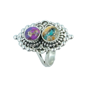 Anillo de Plata de Ley 925 Hecho a Mano con Doble Piedra de Turquesa Cobre Púrpura Natural y Turquesa Ostra Azul, Anillo de Declaración para Mujer - Product Image 1