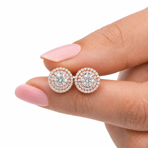 Rose Gold Plated Round Diamond Stud <b>Earrings</b> Double Halo <b>Moissanite</b> Birthday Gift Jewelry - Product Image 1