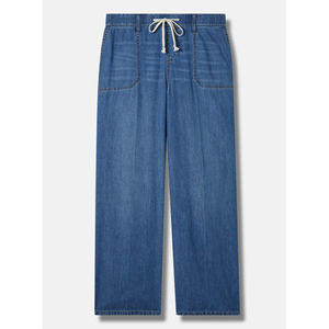 High <b>Waist</b> Womens Drawstring Denim <b>Jeans</b> <b>Elastic</b> Wide Leg Loose Blue Pants Casual Summer Style - Product Image 1