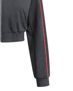 Grey Black Women Cropped Track <b>Jacket</b> <b>Zip</b> <b>Up</b> Sports <b>Jacket</b> Gym Fitness Activewear Red Piping Contrast Training <b>Jacket</b> Customized - Product Image 6