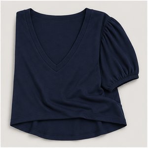T-shirt tunique décontracté pour femme, bleu foncé, col en V, manches courtes bouffantes, WTS-0019 - Product Image 5