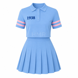 ชุดเซ็ต 2 ชิ้น เสื้อโปโลสีฟ้าอ่อนลายทางสีชมพูพร้อมกระโปรงมินิสั้นจีบสไตล์ HMR Sisterhood Sorority - Product Image 4
