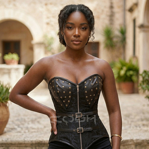 Premium Quality Steampunk Black Brocade <b>Corset</b> With Studded Leather Cups, Adjustable Waist Buckles And Pointed Hem Design - Product Image 2