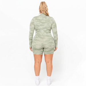 Women Camo Printed One Piece Romper Gym Fitness Compression Short Jumpsuit Half Zipper Plus Size Long Sleeve Jumpsuit Shorts - Product Image 3