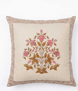 Housse de coussin carrée artisanale à imprimé botanique Arbre de Vie en beige, rose et marron, directement de l'usine, 18x18 - Product Image 4