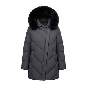 Custom Dark Grey Chevron Winter Parka Slant Zip Front Side Pockets Heavy Polyester Fur Neck Knit Cuffs Warm Puffer <b>Coats</b> - Product Image 2
