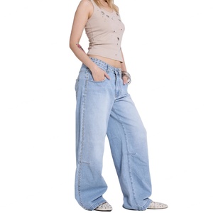 Vaqueros de mezclilla de cintura alta y pierna ancha para mujer, estilo casual, holgados, de algodón lavado a la piedra, estilo vintage, largos, con detalles de remaches, azules. - Product Image 2
