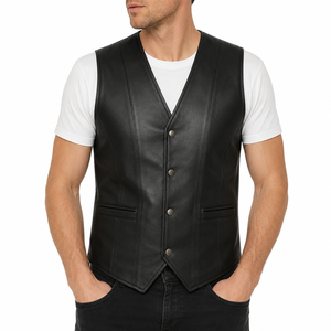 Chaleco de Cuero Estilo Western para Hombre, OEM y ODM, con Múltiples Bolsillos, Botones Frontales, Sin Mangas, Personalizable, al por Mayor, para Trabajo y Uso Casual - Product Image 1