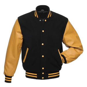 แจ็คเก็ตเบสบอล Letterman Varsity สำหรับผู้ชายขายดีที่สุด สีดำ ทำจากผ้าขนสัตว์และแขนหนังแท้สีทอง แจ็คเก็ตบอมเบอร์สำหรับผู้ชาย - Product Image 1