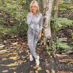 Ensemble de survêtement en polaire deux pièces pour femme, couleur unie, hiver, haut à manches longues et col rond, pantalon long à cordon de serrage - Product Image 3