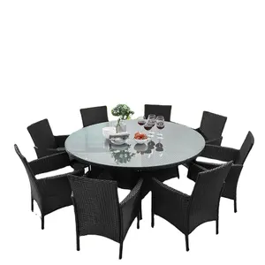 8 Seater Rattan Round Dining Table Set In Black - Rattan Garden Furniture