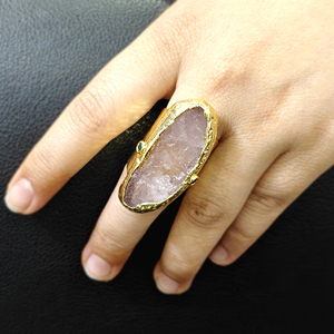 Antique rose <b>quartz</b> raw stone <b>ring</b> 18k gold electroplated hydro gemstone jewelry adjustable party wear <b>ring</b> for Wholesale Supply - Product Image 5