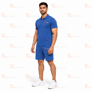 Men's Blue Cotton Polo Shirt & Shorts <b>Set</b> Solid Color Front Logo Breathable Summer Casual <b>Knitted</b> Fabric polo & Shorts <b>set</b> - Product Image 3