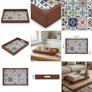 Plateau de service multifonctionnel en bois avec doublure à motifs floraux pour fruits, collations et boissons - Design moderne pour la décoration de la maison et de la cuisine - Product Image 3