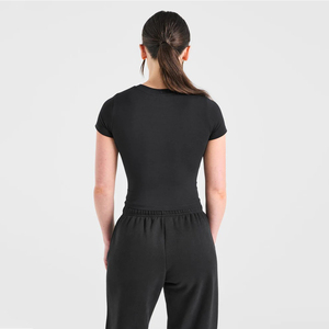 Camiseta de Jersey Negra de Manga Corta para Mujer, Cuello Redondo, Corte Ajustado, Informal, Transpirable, para Todas las Temporadas, Venta al Por Mayor, Última Tendencia - Product Image 2