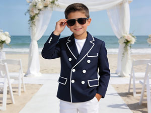 Costume de blazer bleu marine à double boutonnage pour garçons avec passepoil blanc |   Veste de cérémonie et de fête pour enfants - Product Image 2