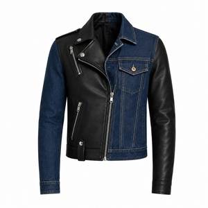 Veste en jean pour homme, col montant en cuir, fermeture éclair, style décontracté automne, tissu bleu délavé - Product Image 3