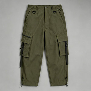 Men's Casual Olive Green Cargo Pants Elastic Waist Drawstring Closure Multiple Pockets Canvas Customizable High-quality Autumn - Product Image 1