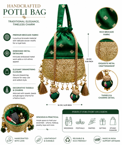 Sac Potli en Brocart Artisanal Conifer avec Broderie Métallique en Relief, Pompons, Forme Seau, Bandoulière, Cadeau Ethnique pour Mariage et Fête, 1L - Product Image 6